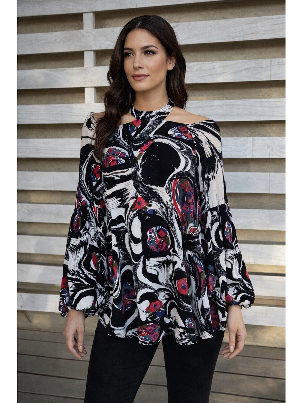 Free People Drift Away Black Cold Shoulder Tunic Balloon Sleeve Dress Size S